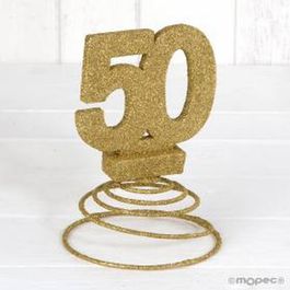 Figura boda "50 aniversario" purpurina dorada con muelle