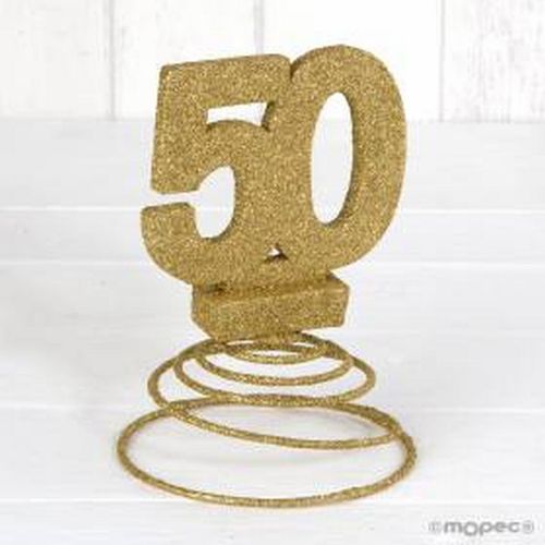 Figura boda "50 aniversario" purpurina dorada con muelle