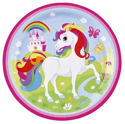 Pack 8 platos de cartn Unicornio 23 cm