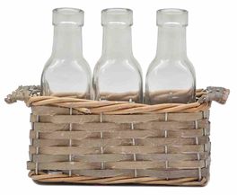 Bandeja mimbre y 3 botellas cristal 23 x 17 x 9 cm