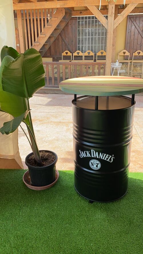 Bidón de Metal mesa alta Barril Industrial lacado "Jack Daniels" 93 x 57 cm
