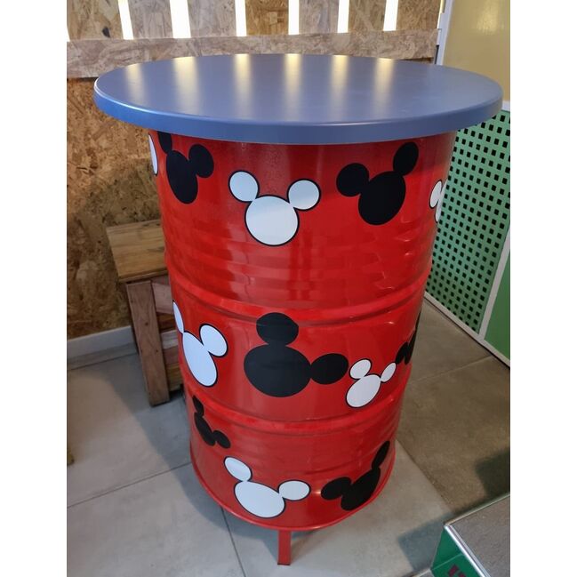 Bidón mesa barril industrial con tablero patas y lacado Mickey Mouse 60 x 60 x 90 cm