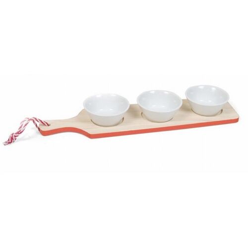 Tabla de madera con 3 salseras 38 x 9 cm