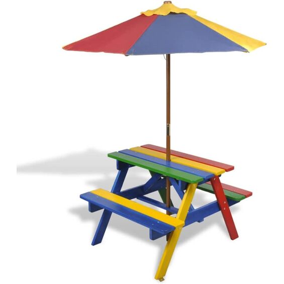 Mesa de picnic y bancos de niños y sombrilla madera multicolor