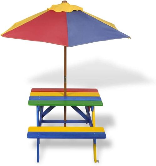 Mesa de picnic y bancos de niños y sombrilla madera multicolor