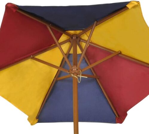 Mesa de picnic y bancos de niños y sombrilla madera multicolor