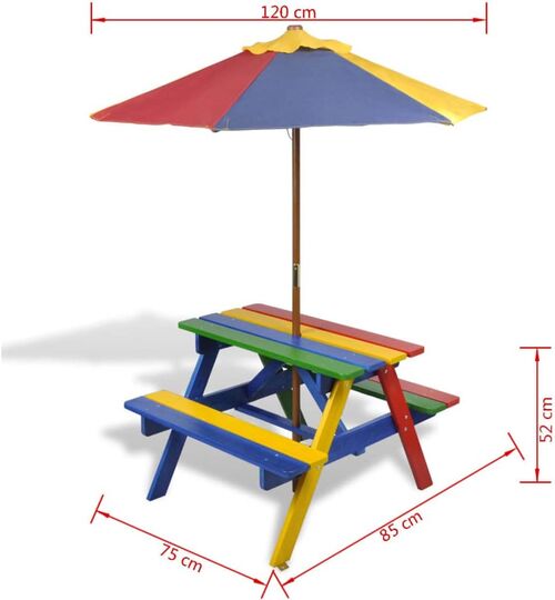Mesa de picnic y bancos de niños y sombrilla madera multicolor