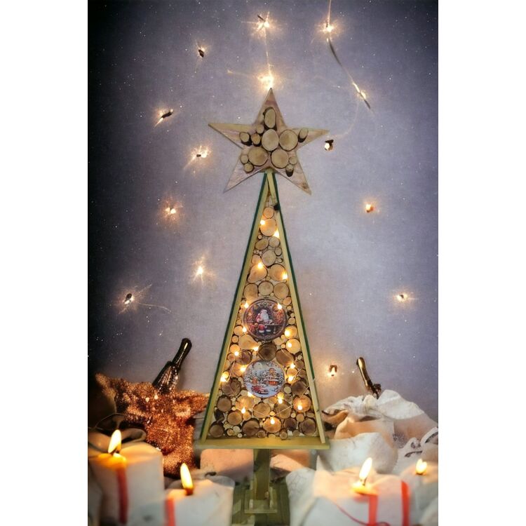 Árbol Navidad madera artesanal con guirnalda led cálida 196 x 64 x 25 cm