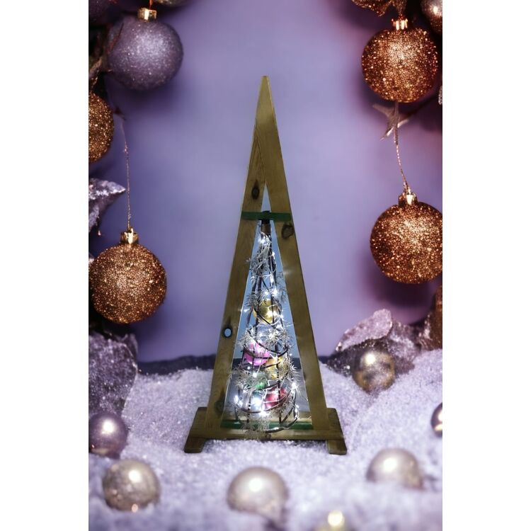 Árbol madera artesanal decoración Navidad 6 bolas colores y guirnalda Led 137 x 65 x 23 cm