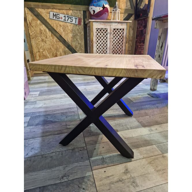 Mesa madera pino baja auxiliar con patas de acero decoración original  44 x 50 x 50 cm