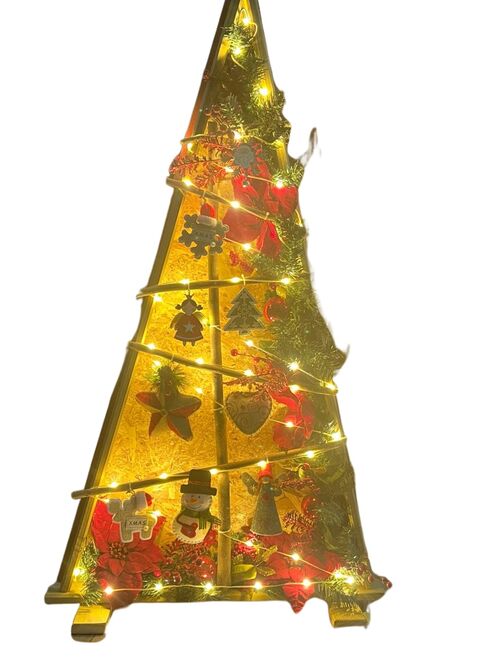 Árbol madera artesanal decoración Navidad guirnalda piñas bolas y cordón Led 130 x 70 x 25 cm