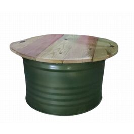 Bidón de metal mesa baja barril industrial lacado verde y madera pino 41 x 76 x 71 cm
