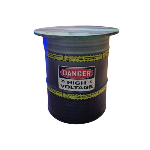 Bidón metal mesa baja barril industrial personalizado "Danger High Voltage" 61 x 70 x 70 cm