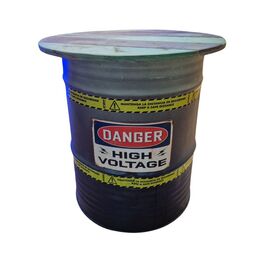 Bidón metal mesa baja barril industrial personalizado "Danger High Voltage" 61 x 70 x 70 cm