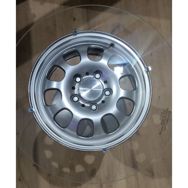Mesa baja auxiliar cristal templado "Llanta coche" 67 x 60 x 60 cm