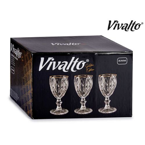 Set 6 Copas de agua 254 ml diseño diamante filo oro