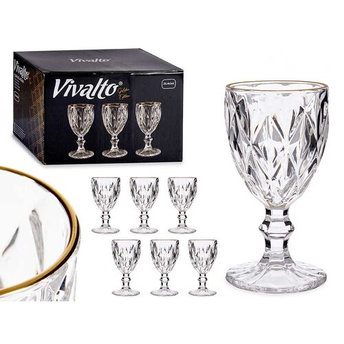 Set 6 Copas de agua 254 ml diseño diamante filo oro