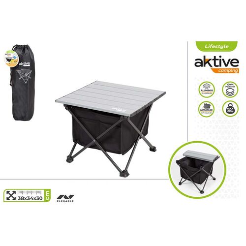 Mesa plegable Camping aluminio 38 x 34 x 30 cm con bolsillo