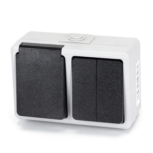 Interruptor y enchufe alemanes de montaje en superficie de 2 llaves y 1 vía, gris