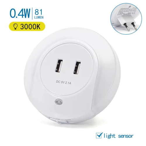 Luz nocturna Led con dos puertos de carga USB