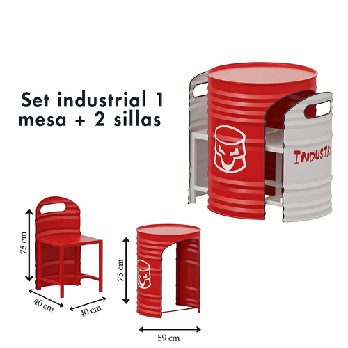 Set industrial tipo Barril 1 mesa de 59x75cm y 2 sillas 40x40x75cm