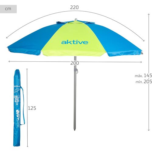 Sombrilla playa 220 cm, 8 varillas fibra de vidrio, Mástil aluminio 28/32 mm, Protección UV50+