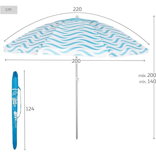 Sombrilla Playa Grande, Protección UV50, Inclinable y Regulable en Altura, Mástil acero, Tejido Oxford, 8 Varillas, Sombrillas Grandes, Funda Transporte con Asa, 220 cm