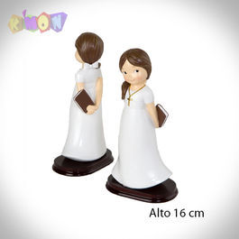 Figura pastel niña Comunión coleta, base madera 16cm.