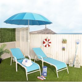 Conjunto mobiliario jardín dos tumbonas y sombrilla azul